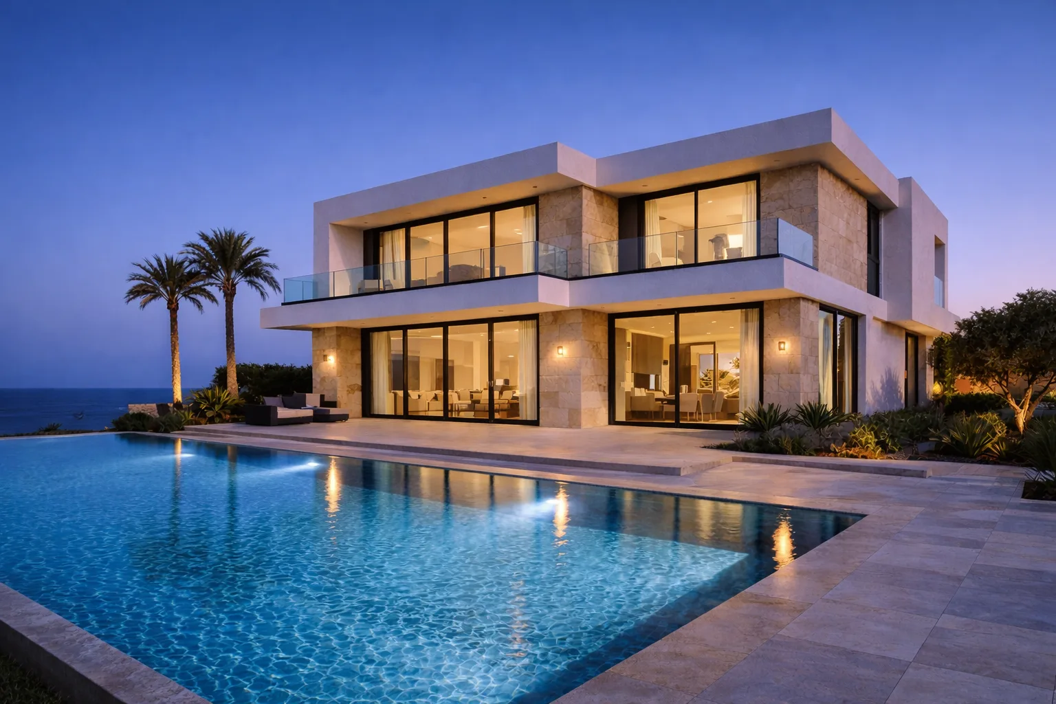 Twilight exterior shot with illuminated infinity pool and warm interior lighting creating a premium evening atmosphere.